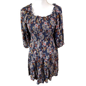 Angie Multi Color Paisley Mini Dress 3/4 Sleeves Square Neck Smocked Boho Sz S